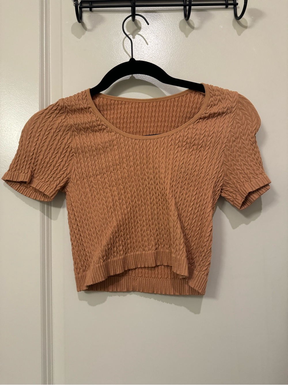 Women's Short Sleeve Textured Crop Top - Tan